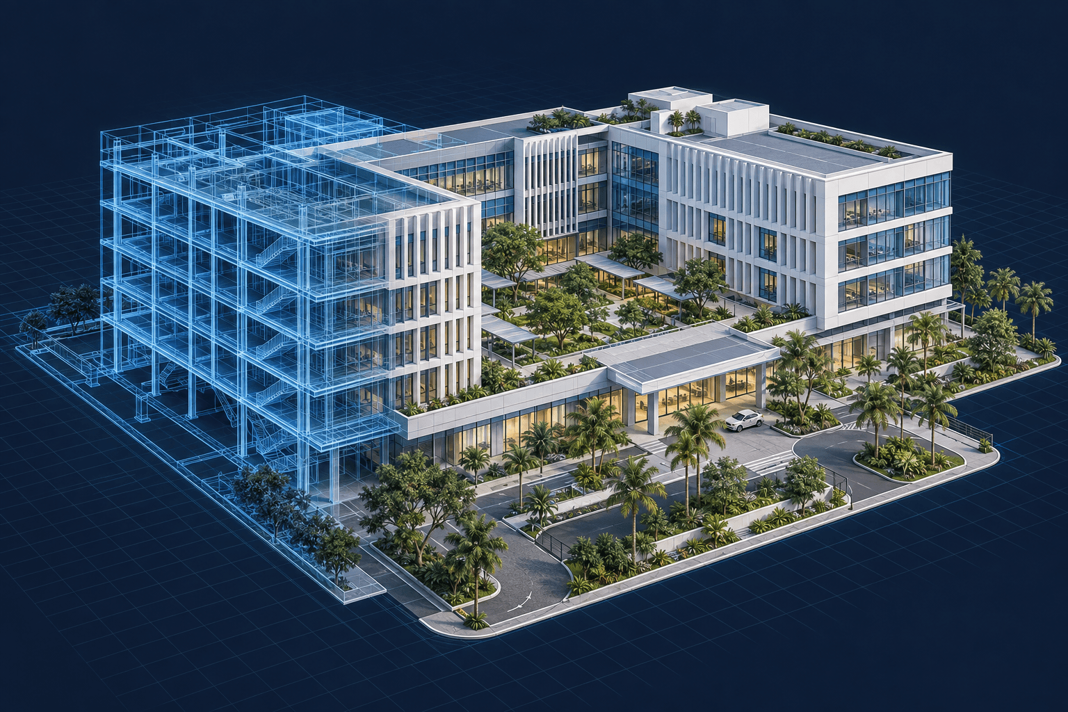 Ilustrasi konsep rumah sakit dengan peralihan kerangka BIM ke arsitektur bangunan